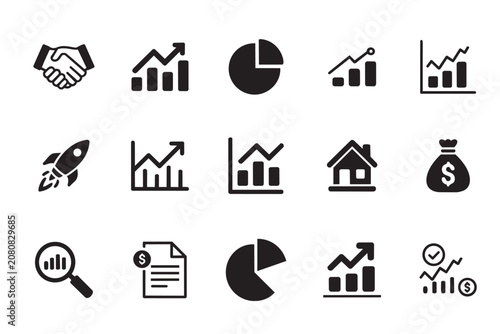 Business and finance analysis icon set including charts graphs and handshake art. marketing and strategy featuring data charts pie diagrams handshake rocket and financial documents.