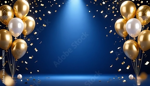 Celebration background with gold and white balloons, confetti, and spotlight on blue backdrop.