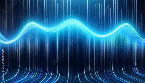 Electric Blue Wave Background With Vertical Stripes And Neon Light