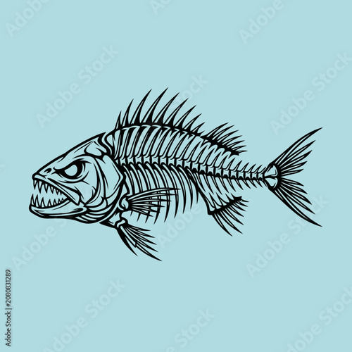 A detailed illustration of a fierce predatory fish skeleton design
