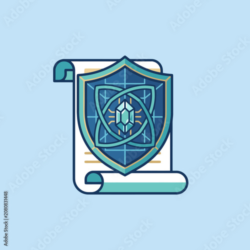 A digital shield icon rests on a scroll of parchment paper