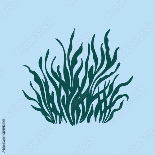 Dark green seaweed silhouette on a light blue background