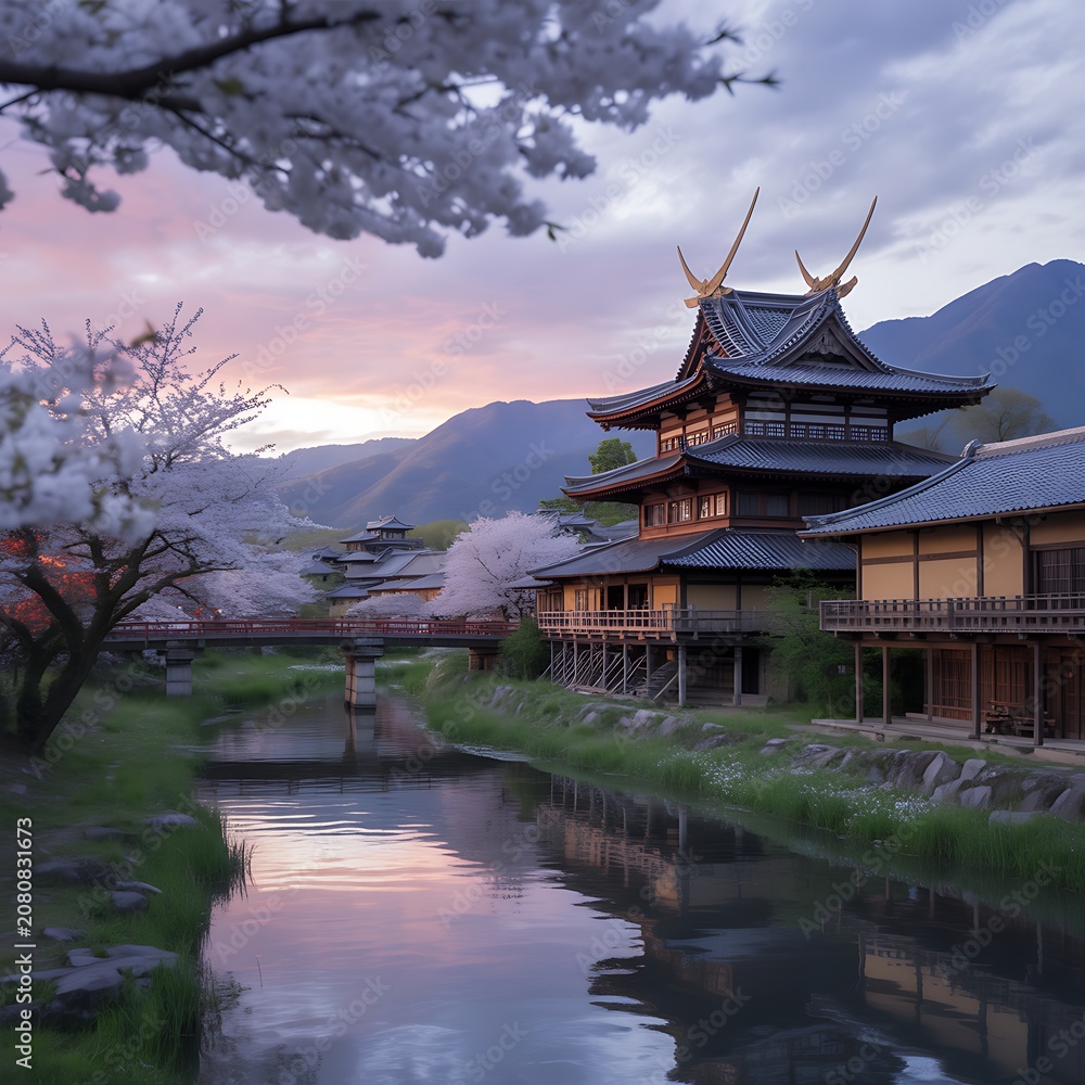 Obraz premium Traditional Japanese Temple by Cherry Blossom River at Sunset