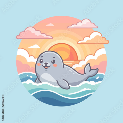 A cute cartoon seal swimming in the ocean at sunset time