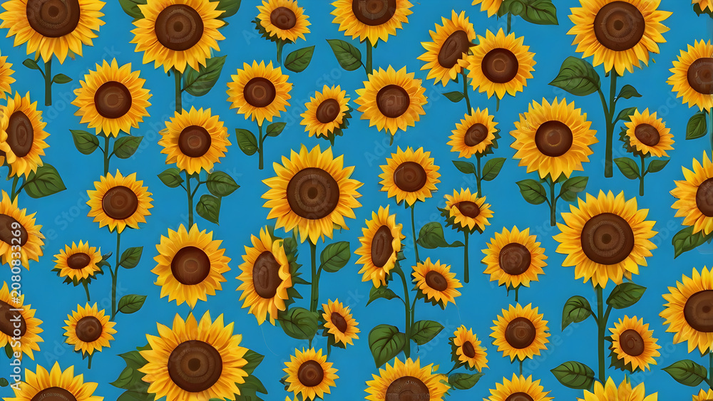 Fototapeta premium seamless floral pattern,cute cartoon smiling sunflowers playful flat vector style bright sky blue background seamless