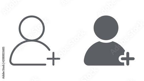 User Icon with Plus Sign: Two stylized icons representing a user profile with a plus sign, one in outline and the other filled, symbolizing adding a new person or connection.