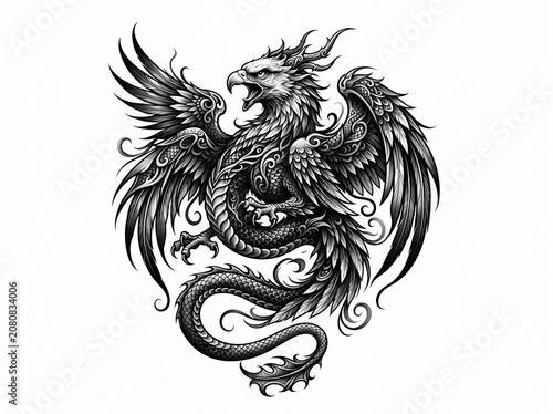 Eagle and Dragon Fusion Tattoo Design Isolated on White Background Illustration