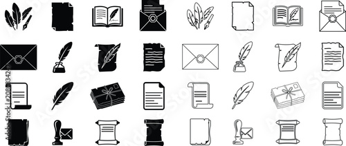 Ancient paper and quill pen icon set in vintage line and glyph style vector collection featuring parchment, scroll, manuscript, envelope and writing symbols isolated on transparent background