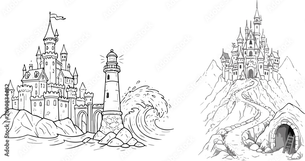 Fototapeta premium Fantasy Fairytale Castle Vector Illustration Set Featuring Majestic Medieval Fortresses with Ocean Lighthouse Waves Mountains Cave and Scenic Path Backgrounds