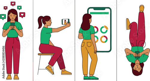 Bild auf Leinwand Social Media Application and Smartphone Usage Asset Set Vector Featuring Young F
