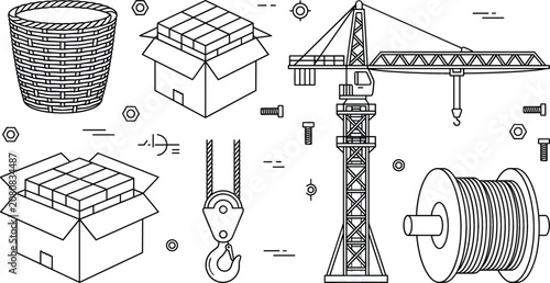 Photos Construction and logistics line icon vector set featuring tower crane cardboard