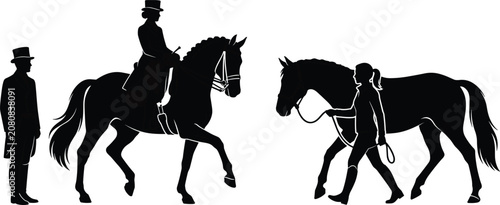 Photos Elegant equestrian silhouettes of horse riders and handlers in formal attire rep