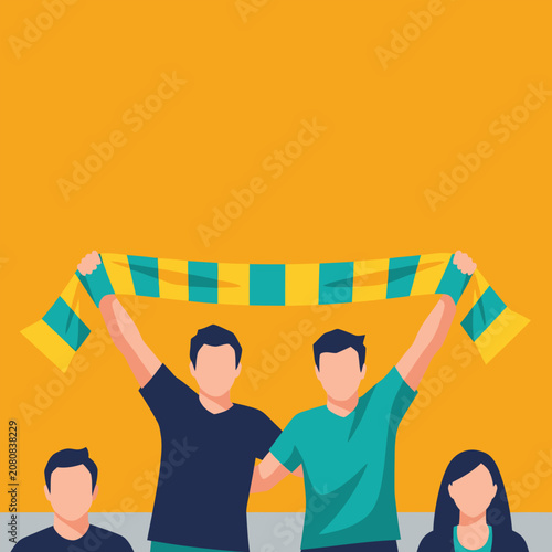 Cuadro en lienzo Enthusiastic soccer fans holding a team scarf aloft