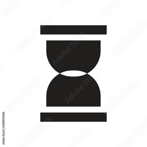 Minimalist black vector icon of a geometric hourglass sand timer. Flat abstract time management emblem isolated on a white background.