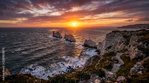 Coastal lighthouse standing tall amidst rugged chalk sea stacks with crashing waves and a vibrant sunset sky over a deep blue ocean