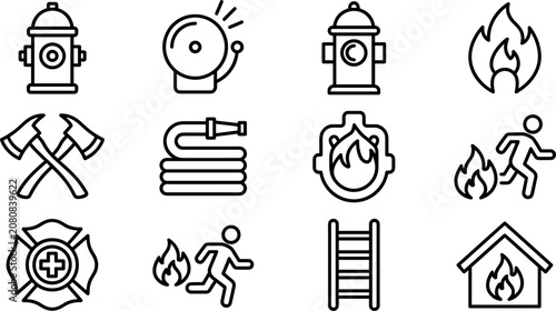 Fotografía Emergency Fire Department and Safety Alarm Icon Set with Hydrant Axes Hose Evacu
