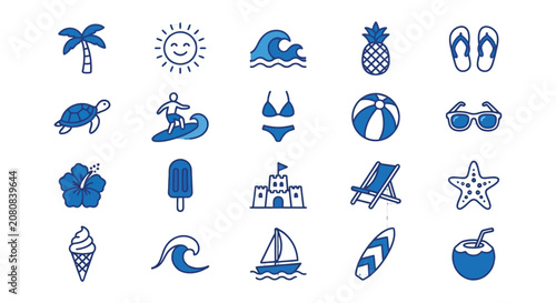 Foto Summer themed flat icons blue line art on white background depicting beach and t