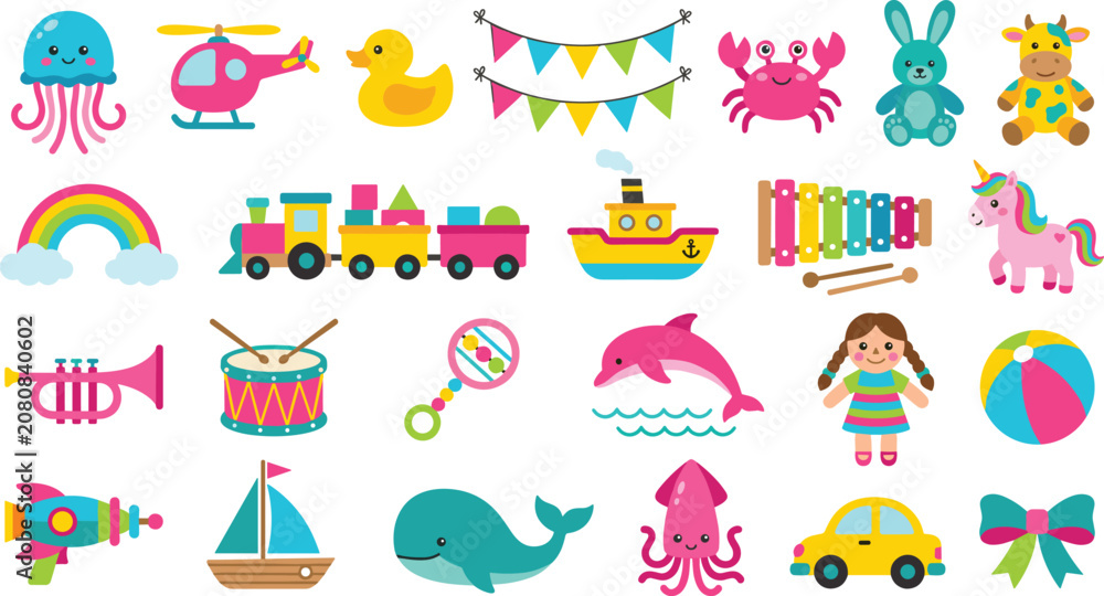 Fototapeta premium Cute Kids Toy Icon Set with Jellyfish Helicopter Train Xylophone Unicorn Dolphin Doll and Colorful Baby Toys Vector Illustration