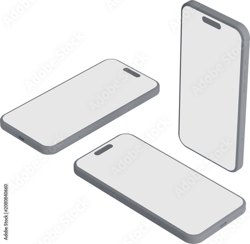 Isometric 3D Smartphone Mockup Collection with Transparent Screens for App UI/UX and Mobile Design