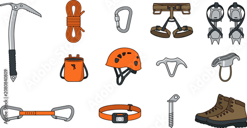 Bild auf Leinwand Mountain Climbing and Mountaineering Equipment Vector Icon Set Featuring Ice Axe