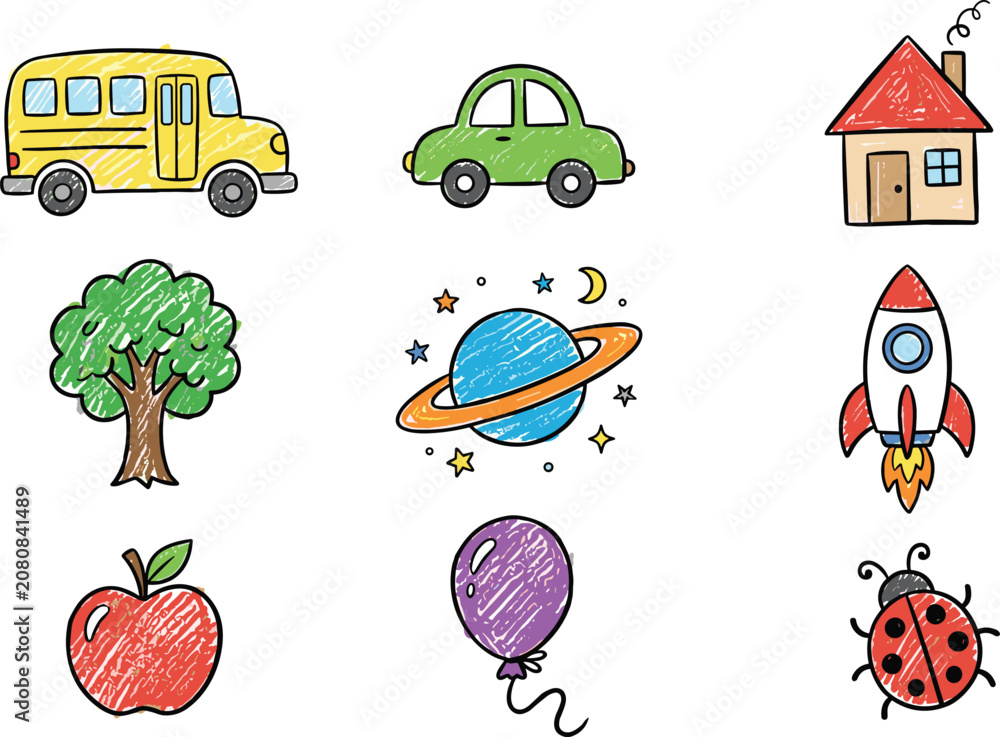 Fototapeta premium Hand Drawn Kids Icon Set with School Bus Car House Tree Planet Rocket Apple Balloon and Ladybug Vector Illustration