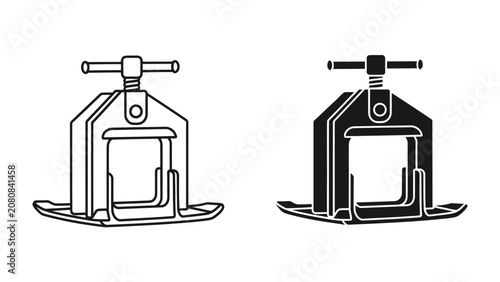Photos Clamping Tool Illustration: A detailed black and white illustration of a clamping tool, presented in both outline and solid form, highlighting its functional design