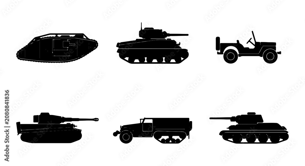 Fototapeta premium Military Vehicle Silhouettes, Army Transport Icons, Black War Machine Vector Collection, Combat Equipment Set