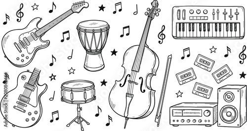 Obraz na płótnie Line Art Musical Instrument Icon Set with Guitar Djembe Cello Keyboard Snare Dru