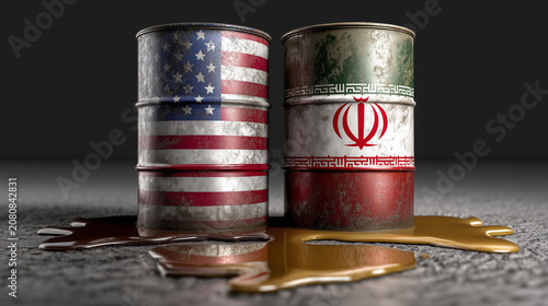 two leaking oil barrels, one with us flag next to second with iranian flag. usa iran conflict strait of hormuz