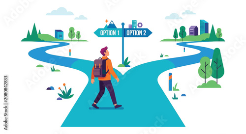 Foto Decision making illustration with a person at a crossroads and options one and t