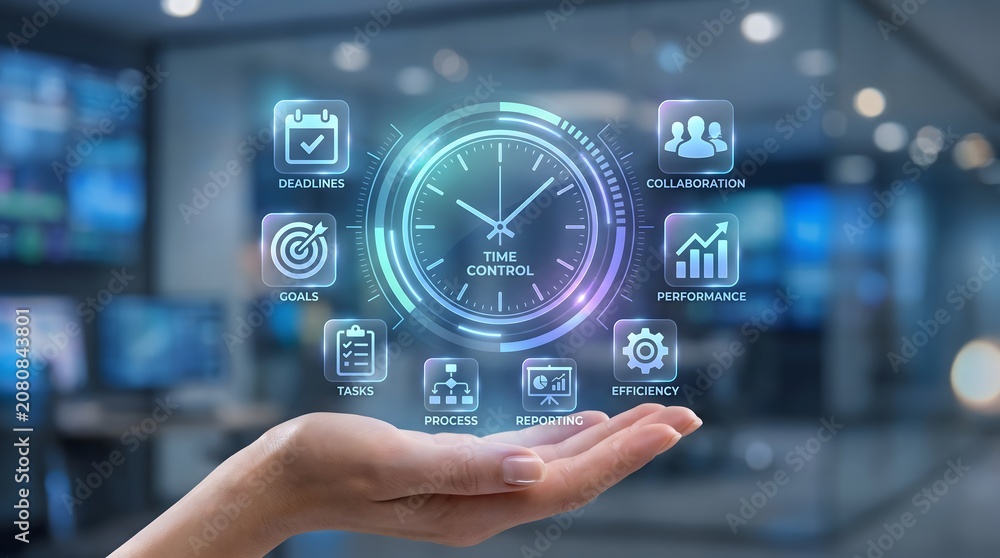 Fototapeta premium Hand Holding Virtual Time Control and Business Goals Dashboard