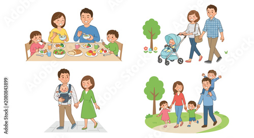 Photos Family scenes illustration depicting parents and children in various outdoor and