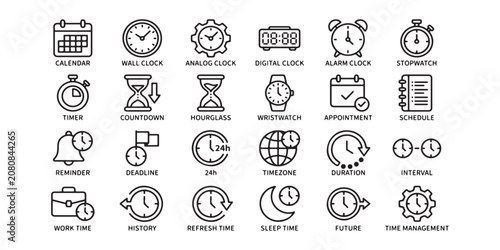 Simple Line Time Icons Pack with Clock, Hourglass, Stopwatch, and Deadline Symbols
