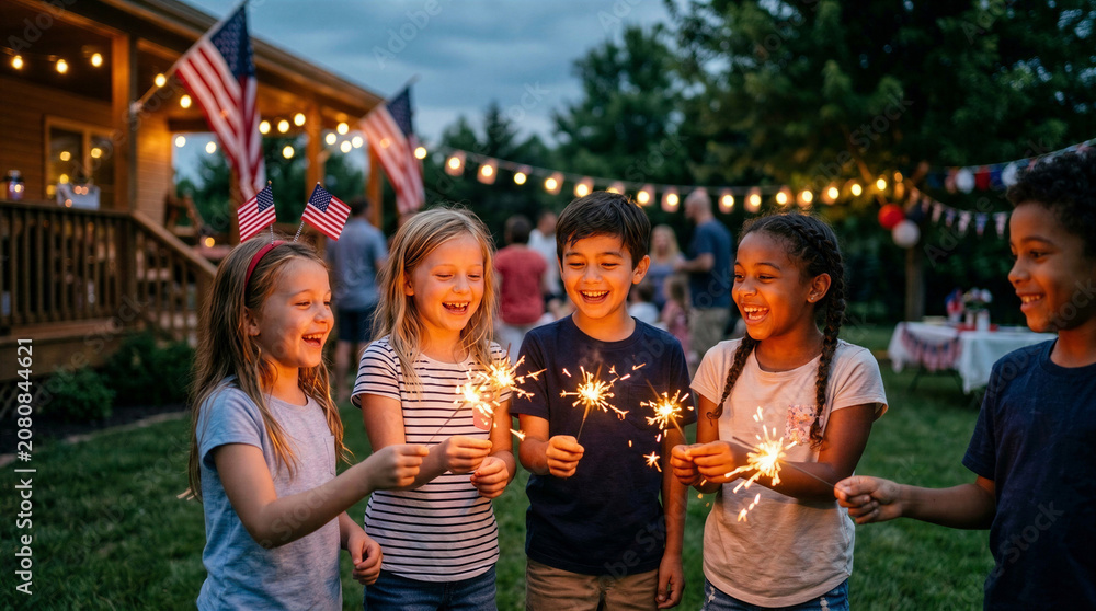 Fototapeta premium Children celebrating Fourth of July with sparklers in a festive outdoor setting