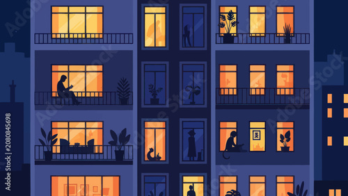 Urban Life Silhouettes in Glowing Windows at Night