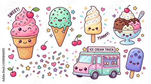 Kawaii ice cream characters and truck on white background