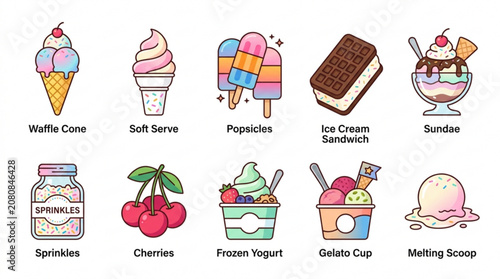 Colorful ice cream icon set with various treats