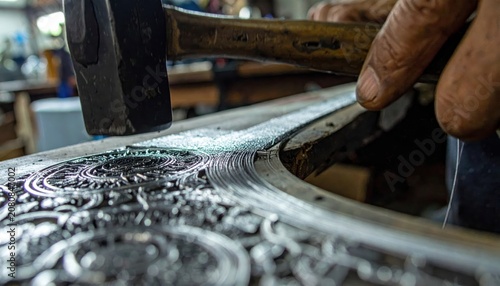 Close-up of an artisan hammering silver wire to create intricate metal designs