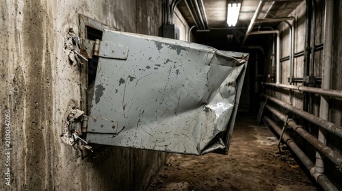 Bent and Damaged Industrial Metal Door on a Grungy Wall in a Dark Setting