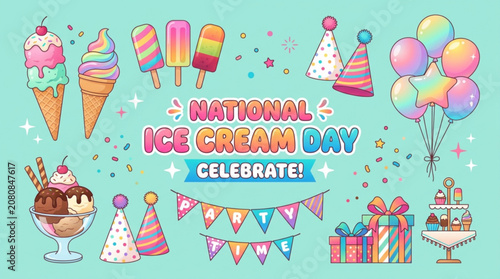 National ice cream day celebration with colorful desserts