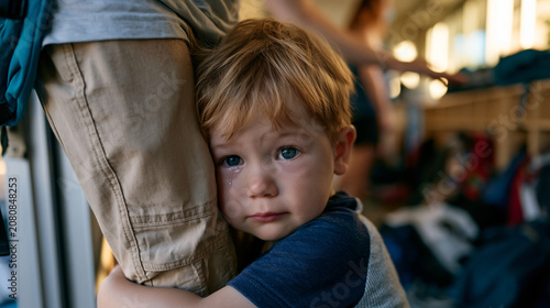 Tearful preschooler pressed against parent leg at kindergarten classroom door, teacher extending hand with patient welcoming gesture, scattered backpacks and cubbies visible behind threshold, golden