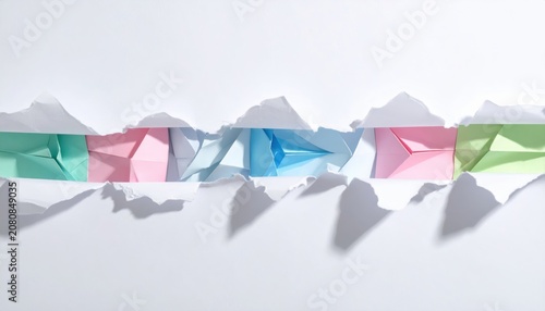Intricate origami folds in pink and blue emerge from torn white paper