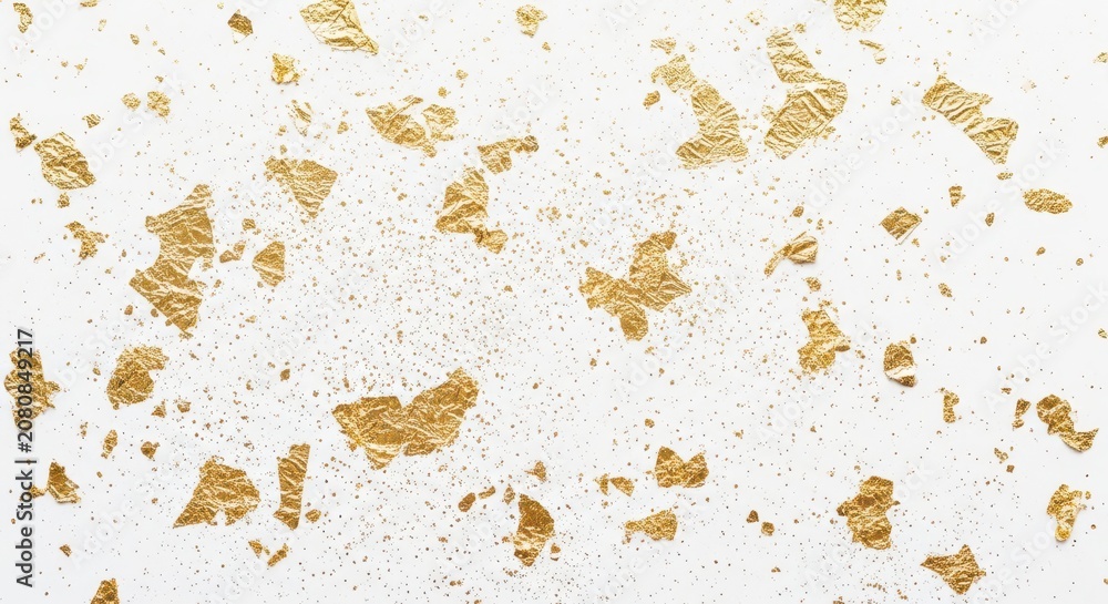 Fototapeta premium Luxury Gold Leaf Flakes and Dust Scattered on White Background for Elegant Design Projects