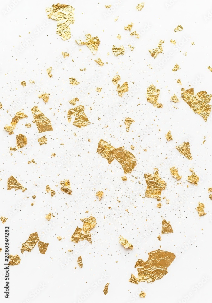 Fototapeta premium Elegant Gold Leaf Flakes and Glitter Dust Scattered on White Background for Luxury Design Projects