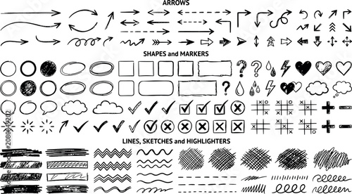 Foto Comprehensive collection of hand-drawn vector arrows shapes markers and abstract