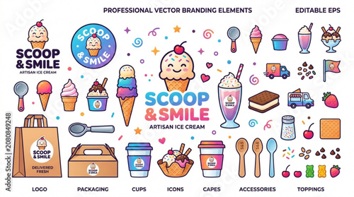 Ice cream shop branding kit with colorful vector graphics