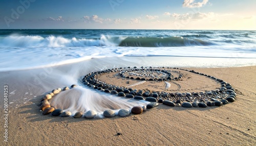 Intricate Stone Spiral Art Arranged on Sandy Beach Shore with Gentle Ocean Waves and Sunlight