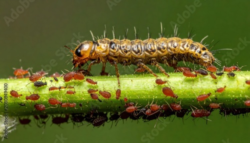 Ladybug Larva Voraciously Consuming Aphids on a Green Plant Stem Macro