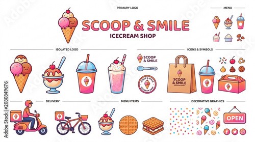Colorful ice cream shop branding kit with various icons