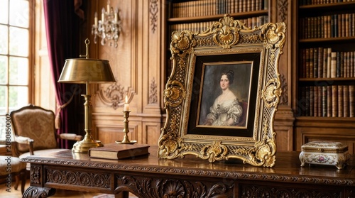 Ornate Gilt Framed Portrait of Elegant Woman on Antique Table